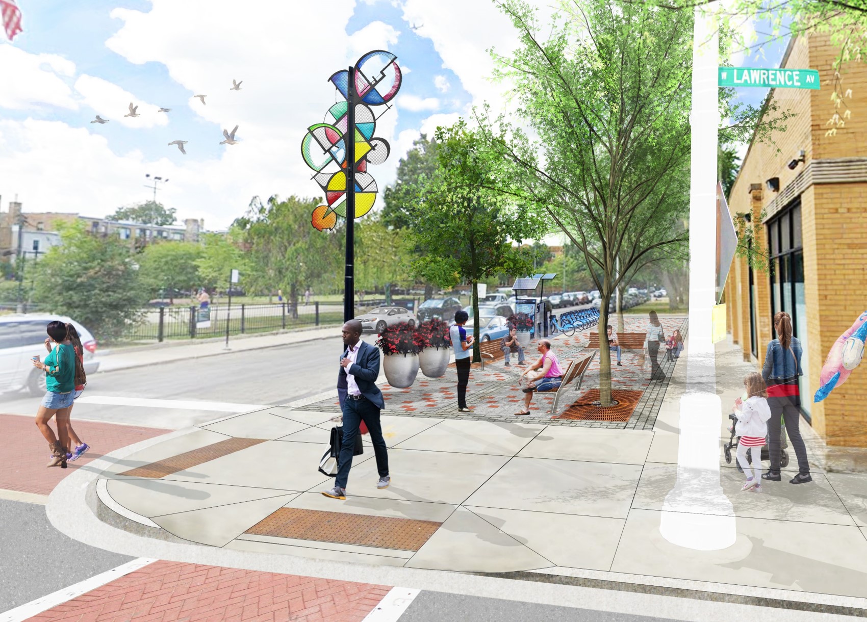 Rendering of corner of Lawrence and Washtenaw with new plaza space